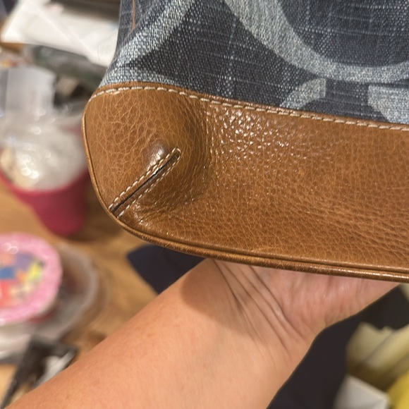 Coach Signature Ali Denim Handbag Purse Heavy Brass Fittings Tobacco Leather - Picture 7 of 15